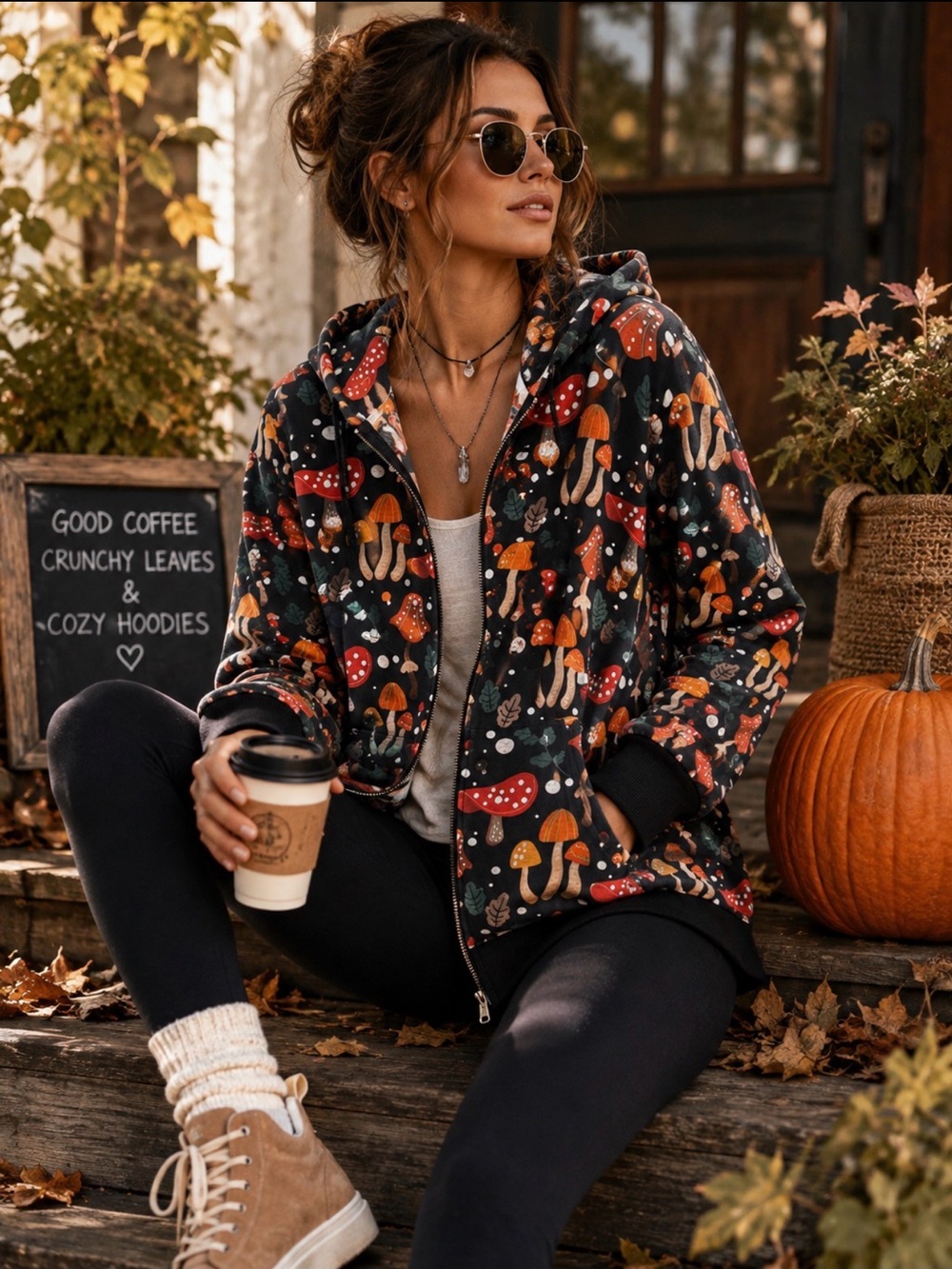 NWT Yak & Yeti Mushroom Print Zip Hoodie Boho Cottagecore L/XL